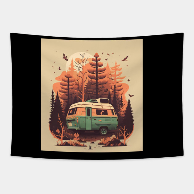 Camping Van, Autumm Adventure in the Forest Tapestry by logiamerch