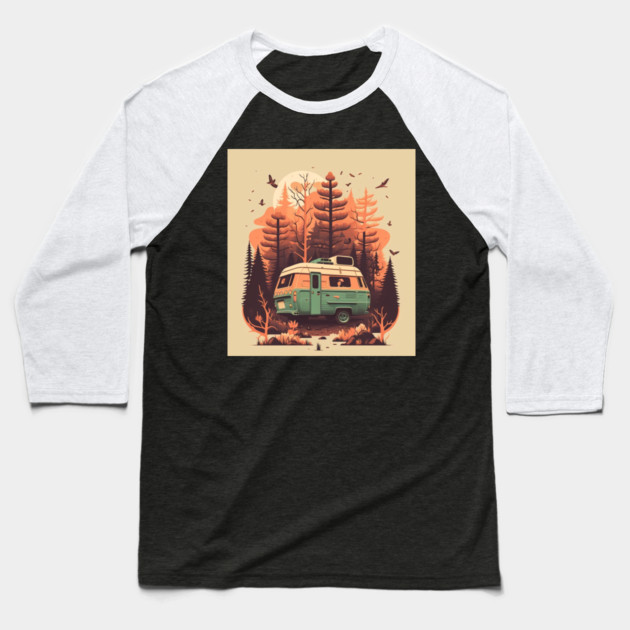 Camping Van, Autumm Adventure in the Forest Baseball T-Shirt by logiamerch