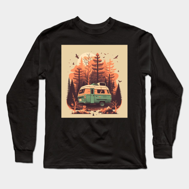 Camping Van, Autumm Adventure in the Forest Long Sleeve T-Shirt by logiamerch