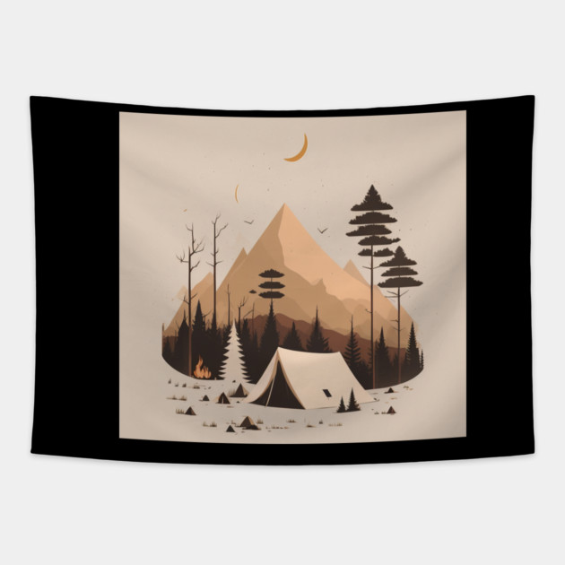 Camping in Tents, Minimal Style Adventure in the Forest Tapestry by logiamerch