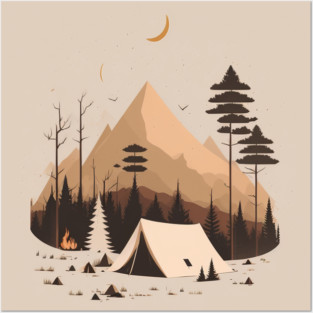Camping in Tents, Minimal Style Adventure in the Forest Posters and Art