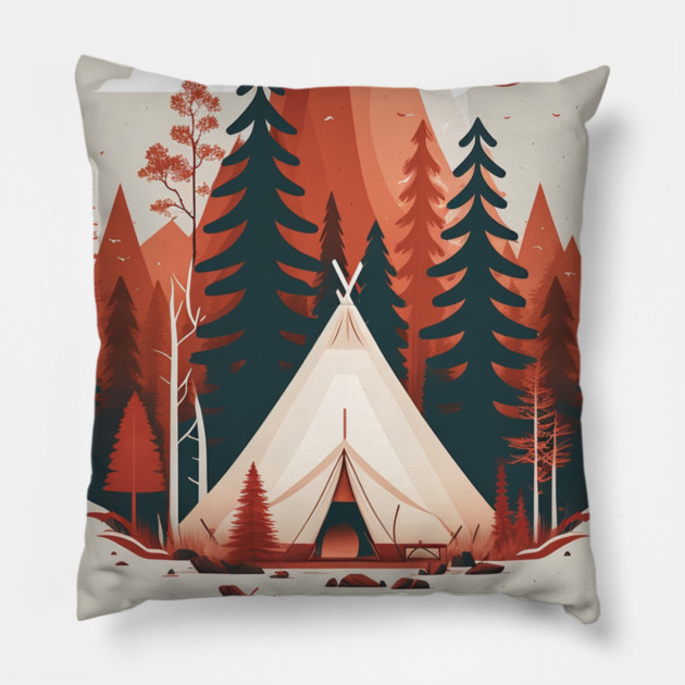 Camping In tent, Adventure in the Forest, Minimal Pillow by logiamerch
