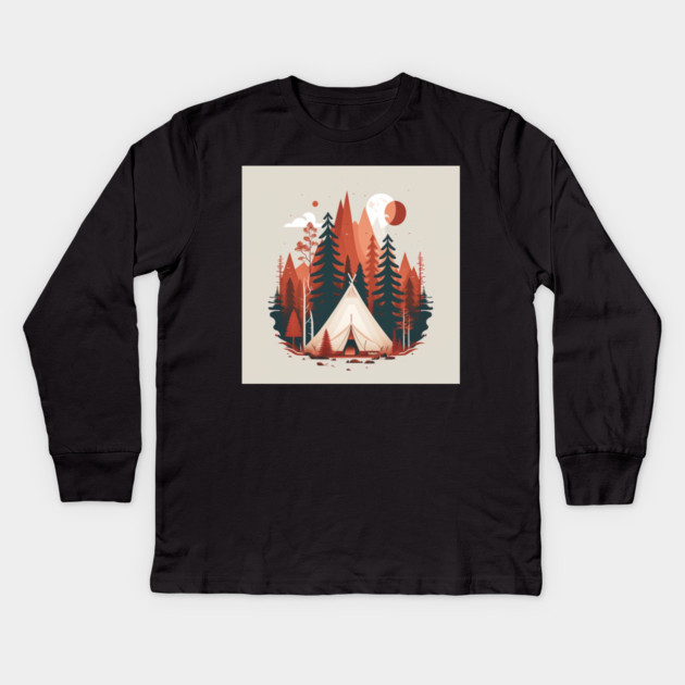 Camping In tent, Adventure in the Forest, Minimal Kids Long Sleeve T-Shirt by logiamerch
