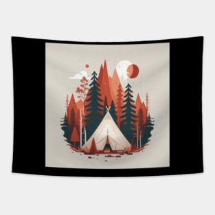 Camping In tent, Adventure in the Forest, Minimal Tapestry