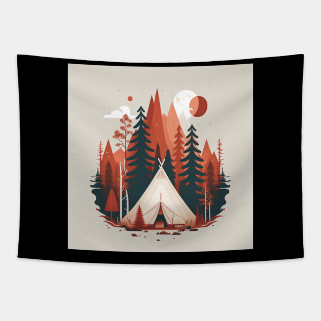 Camping In tent, Adventure in the Forest, Minimal Tapestry by logiamerch