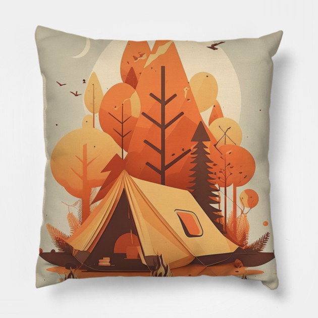 Camping in Tent, Autumm Adventure in the Forest Pillow by logiamerch