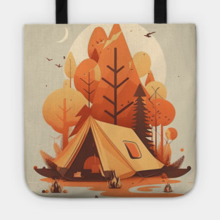 Camping in Tent, Autumm Adventure in the Forest Tote