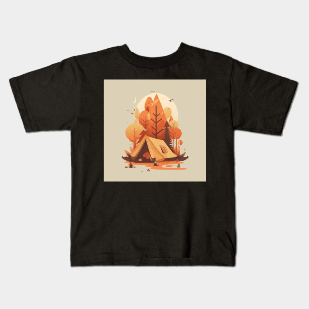 Camping in Tent, Autumm Adventure in the Forest Kids T-Shirt by logiamerch