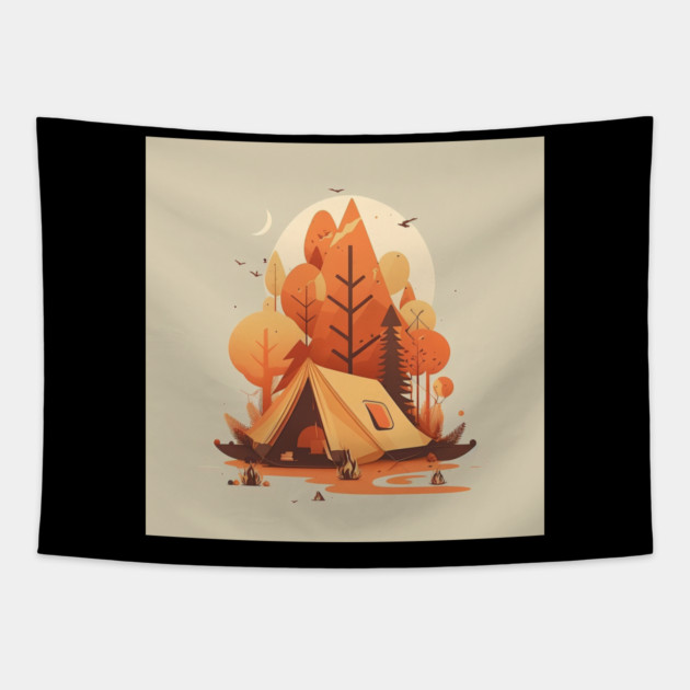 Camping in Tent, Autumm Adventure in the Forest Tapestry by logiamerch