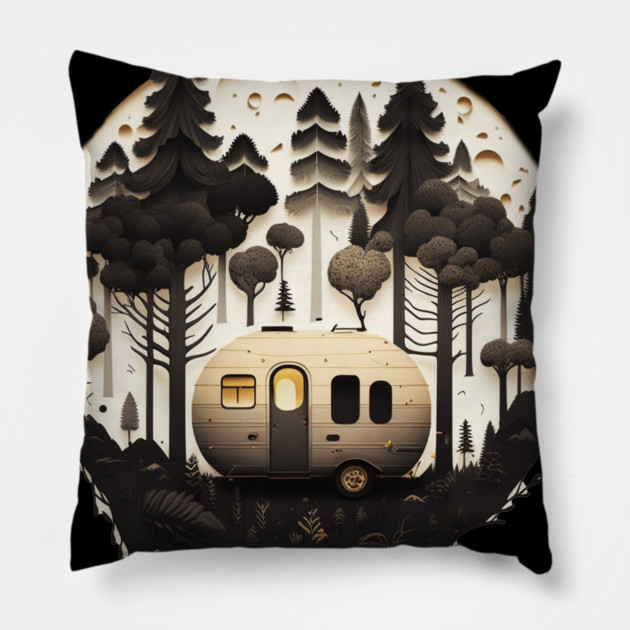 Camping Adventure in the Forest, Full Moon Night Pillow by logiamerch