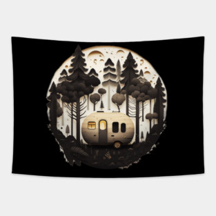 Camping Adventure in the Forest, Full Moon Night Tapestry