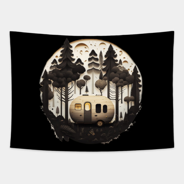 Camping Adventure in the Forest, Full Moon Night Tapestry by logiamerch