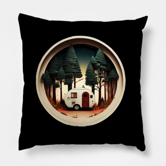 Camping Adventure in the Forest, Night Sky Pillow by logiamerch