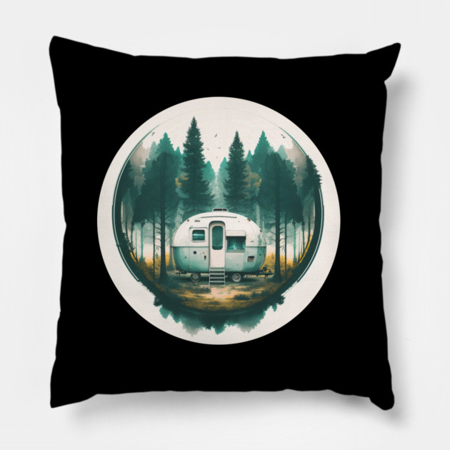 Camping Van, Adventure in the Forest, Watercolor Style Pillow by logiamerch