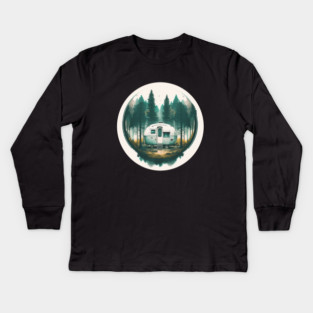 Camping Van, Adventure in the Forest, Watercolor Style Kids Long Sleeve T-Shirt