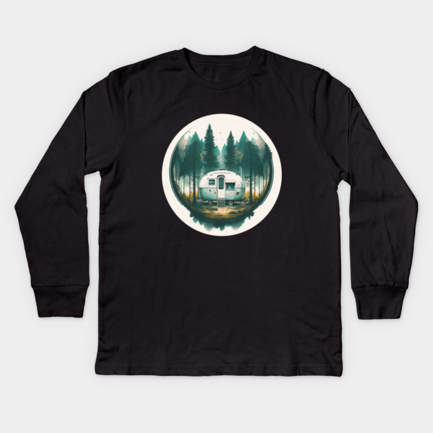 Camping Van, Adventure in the Forest, Watercolor Style Kids Long Sleeve T-Shirt by logiamerch