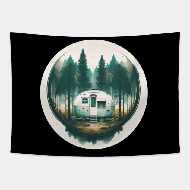 Camping Van, Adventure in the Forest, Watercolor Style Tapestry by logiamerch