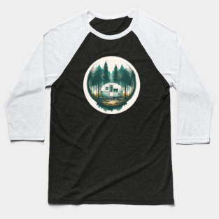 Camping Van, Adventure in the Forest, Watercolor Style Baseball T-Shirt