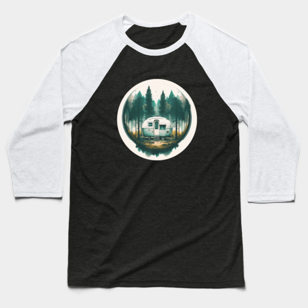 Camping Van, Adventure in the Forest, Watercolor Style Baseball T-Shirt by logiamerch