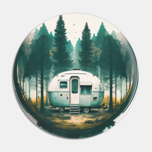 Camping Van, Adventure in the Forest, Watercolor Style Pin by logiamerch
