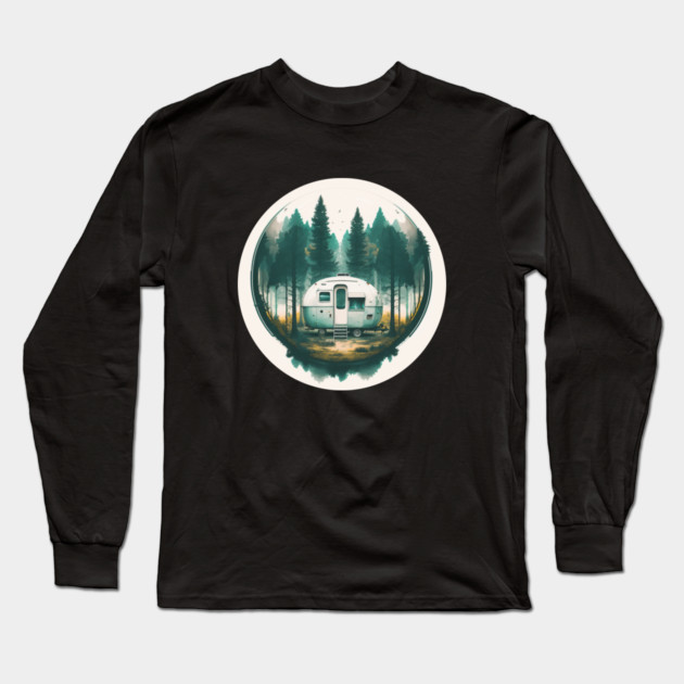 Camping Van, Adventure in the Forest, Watercolor Style Long Sleeve T-Shirt by logiamerch