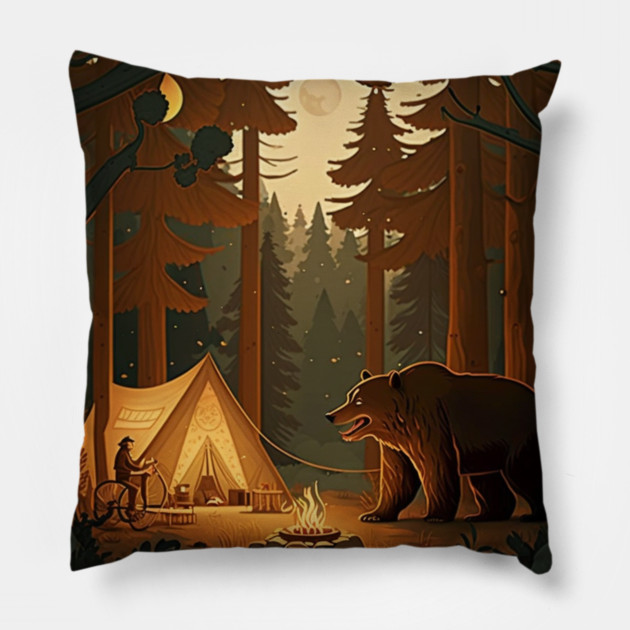 Camping with Bear,  Adventure in the Forest Pillow by logiamerch