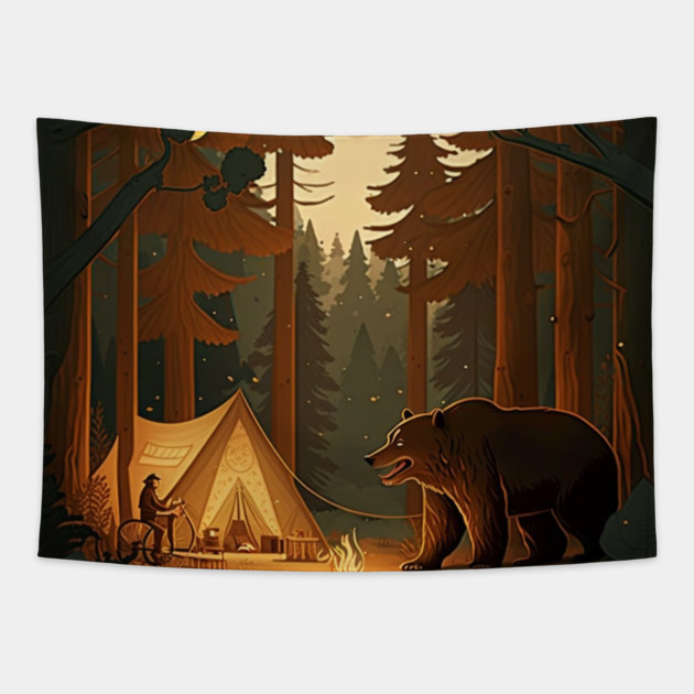Camping with Bear,  Adventure in the Forest Tapestry by logiamerch