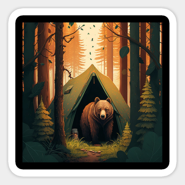 Camping with Bear, Adventure in the Forest by Sticker by logiamerch