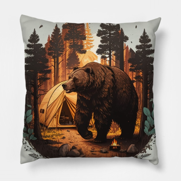 Camping with Bear, Adventure in the Forest Pillow by logiamerch