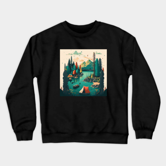Camping Adventure in the Forest Lake, Fishing Crewneck Sweatshirt by logiamerch