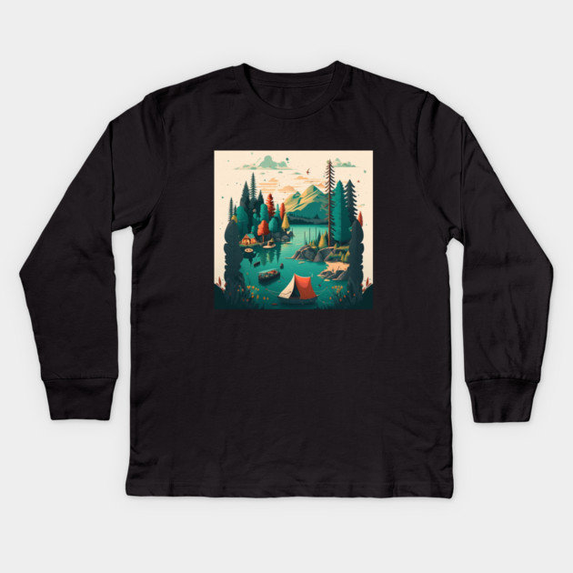 Camping Adventure in the Forest Lake, Fishing Kids Long Sleeve T-Shirt by logiamerch