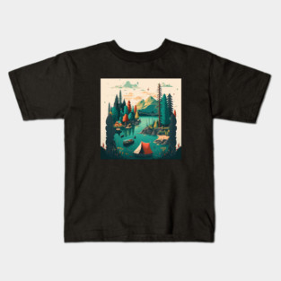 Camping Adventure in the Forest Lake, Fishing Kids T-Shirt