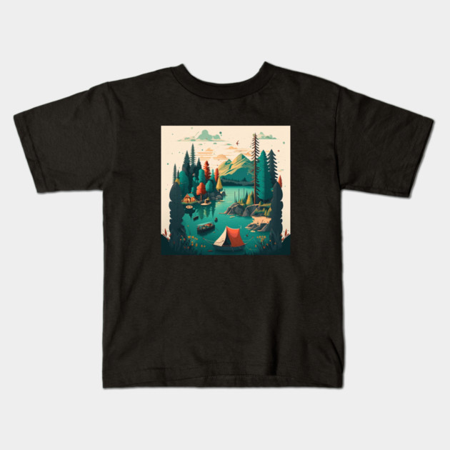 Camping Adventure in the Forest Lake, Fishing Kids T-Shirt by logiamerch