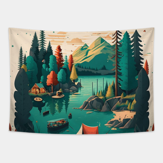 Camping Adventure in the Forest Lake, Fishing Tapestry by logiamerch