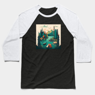Camping Adventure in the Forest Lake, Fishing Baseball T-Shirt