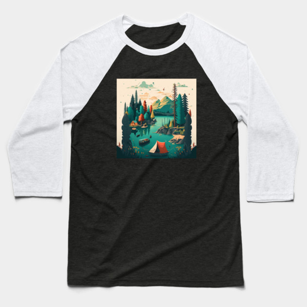 Camping Adventure in the Forest Lake, Fishing Baseball T-Shirt by logiamerch