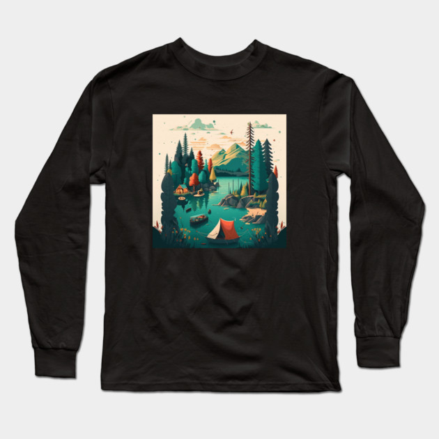 Camping Adventure in the Forest Lake, Fishing Long Sleeve T-Shirt by logiamerch
