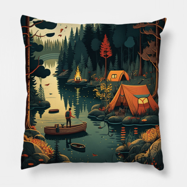 Camping Adventure in the Forest Lake, Fishing Pillow by logiamerch