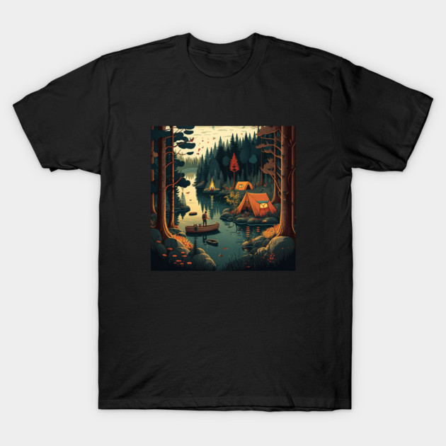 Camping Adventure in the Forest Lake, Fishing T-Shirt by logiamerch