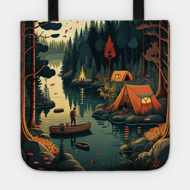 Camping Adventure in the Forest Lake, Fishing Tote by logiamerch