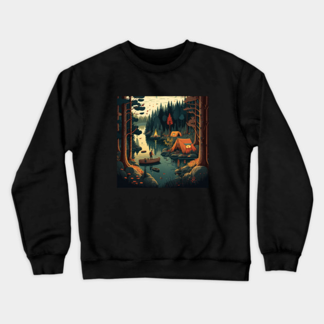 Camping Adventure in the Forest Lake, Fishing Crewneck Sweatshirt by logiamerch
