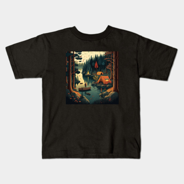 Camping Adventure in the Forest Lake, Fishing Kids T-Shirt by logiamerch