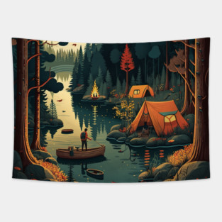 Camping Adventure in the Forest Lake, Fishing Tapestry