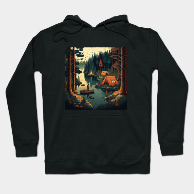 Camping Adventure in the Forest Lake, Fishing Hoodie by logiamerch