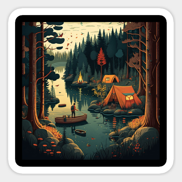 Camping Adventure in the Forest Lake, Fishing Sticker by logiamerch