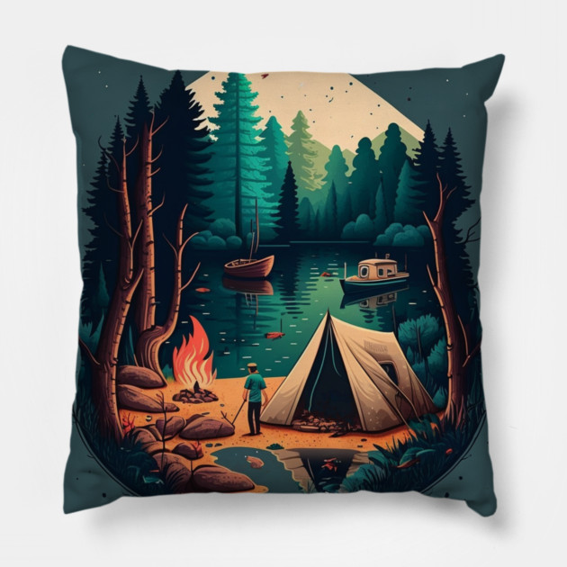 Camping Adventure in the Forest Lake, Fishing Pillow by logiamerch