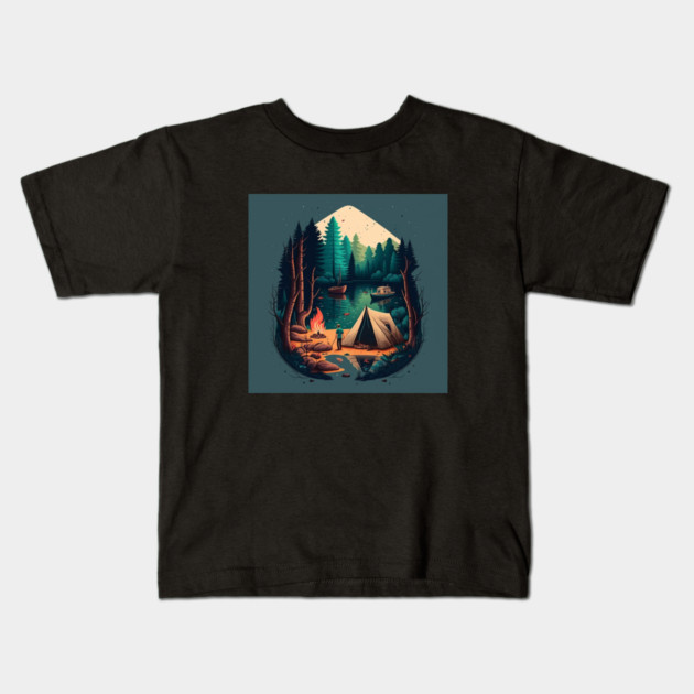 Camping Adventure in the Forest Lake, Fishing Kids T-Shirt by logiamerch
