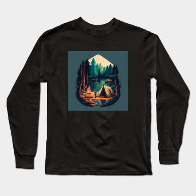 Camping Adventure in the Forest Lake, Fishing Long Sleeve T-Shirt by logiamerch