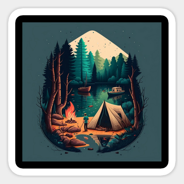 Camping Adventure in the Forest Lake, Fishing Sticker by logiamerch