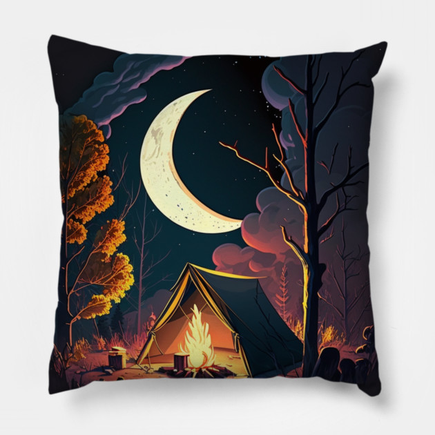 Camping Adventure in the Forest, Campfire Pillow by logiamerch